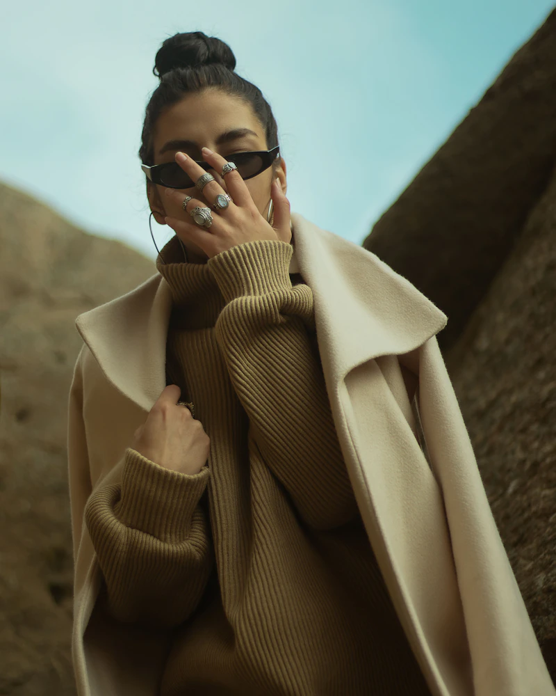 Woman in an oversized camel coat